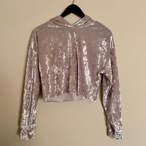 Iridescent pearl pink crushed velvet crop hoodie